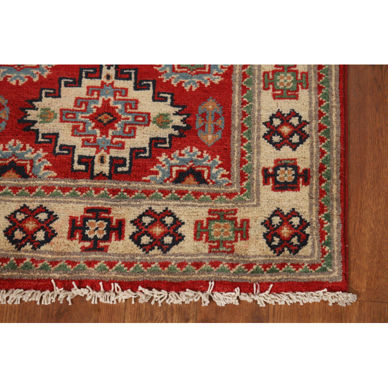 Tapis décoratif oriental fait à la main rouge Kazak 2x3