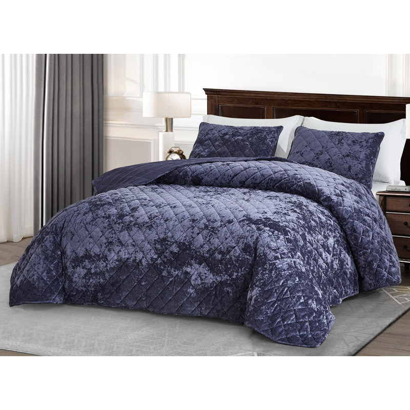 Diamond Stitch Reversible Plush Distressed Velvet Quilt Set, Queen Quilt + 2 Standard Shams, Purple