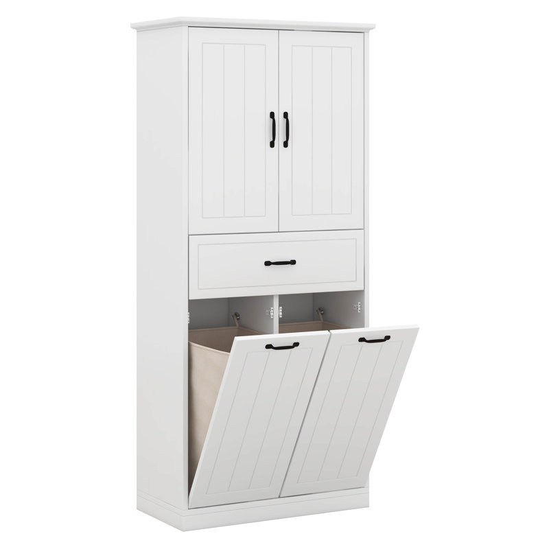 Armoire de rangement haute pour salle de bain avec 2 paniers à linge, armoire de salle de bain en bois avec portes et tiroir, tablettes réglables