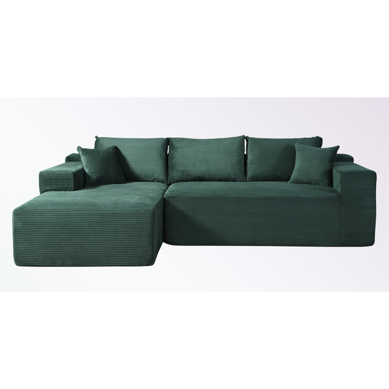 2-Piece Corduroy L-Shaped Sofa with Pillows and left chaise, Left Hand Facing, Dark Green Corduroy
