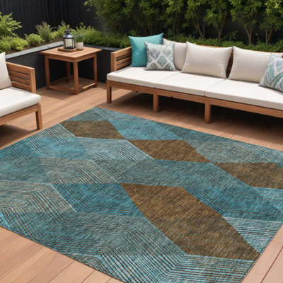 9' X 12' Teal Blue Aqua And Brown Argyle Washable Indoor Outdoor Area Rug