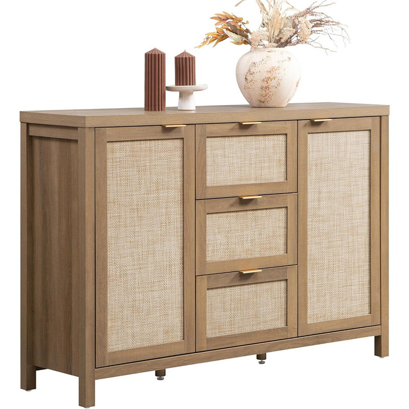 Crédence Rattan Farmhouse avec tiroirs et portes - Chêne caramel