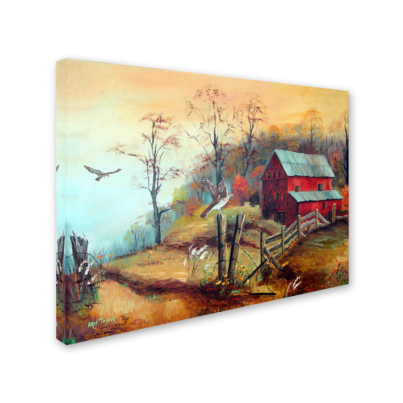 «The Red Barn And The Hawk» par Dugazon, reproduction sur toile tendue, H 14 po x l 19 po
