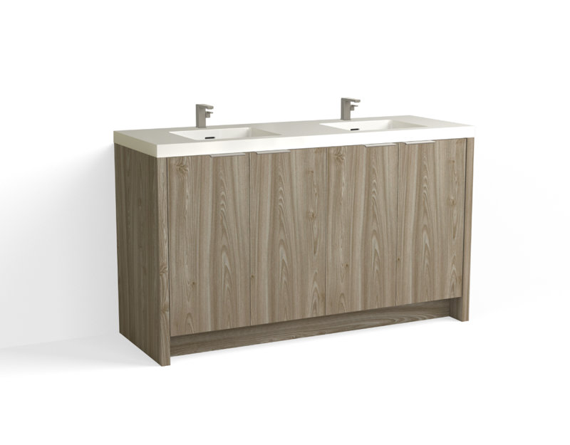 Mesa 60" W Freestanding Double Bathroom Vanity , White Gloss, White Nanomatte/Satin Brass, Single-Hole