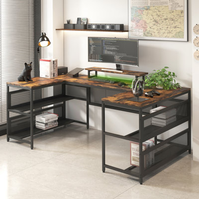 Bureau en U avec étagères et lumières DEL