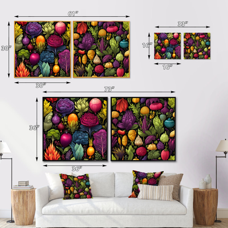 Lonnie - Ensemble de 2 collages carrés fruits et légumes, Cadre flottant doré, H 16 po x l 33 po
