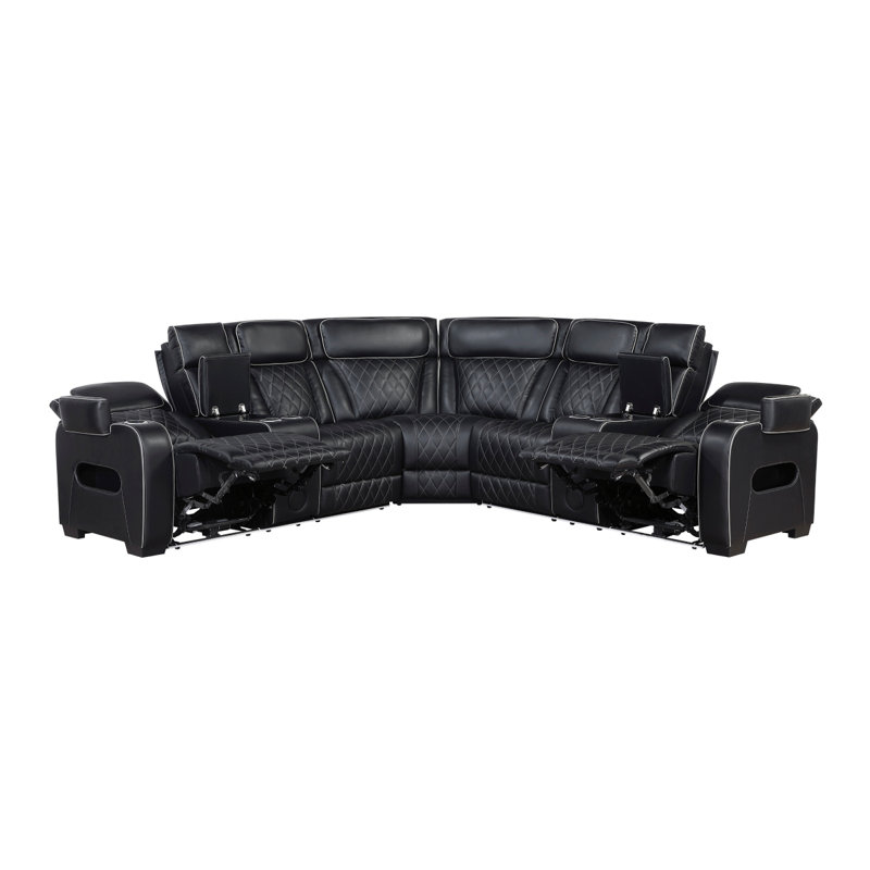 Canapé modulaire inclinable électrique à DEL 3 pièces avec consoles et haut-parleurs sans fil Fairway, Similicuir noir