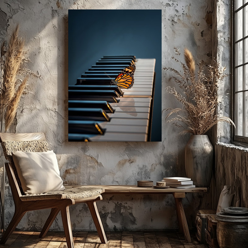 Toile, vue rapprochée d'un clavier de piano avec un art mural contrastant entre les clés en noir brillant et blanc mat