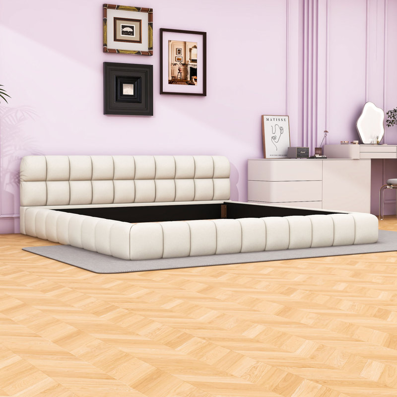 Très grand lit plateforme tapissier en lin avec tête de lit unique, Beige