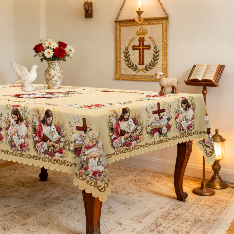 Inspirational Easter Religious Tablecloth - Cross & Rose Printed Fabric Cover, Reusable Round/Rectangular Tablecloth for Easter Services, Home Celebrations | Elegant Scalloped-Edge Table Decor with Faith-Based Design, Fits Dining Tables