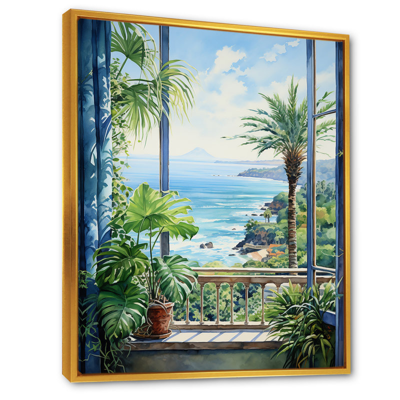 «Tropical Windows To The Beach II - Coastal Windows», art mural, Cadre flottant doré, H 40 po x l 30 po x P 1,5 po