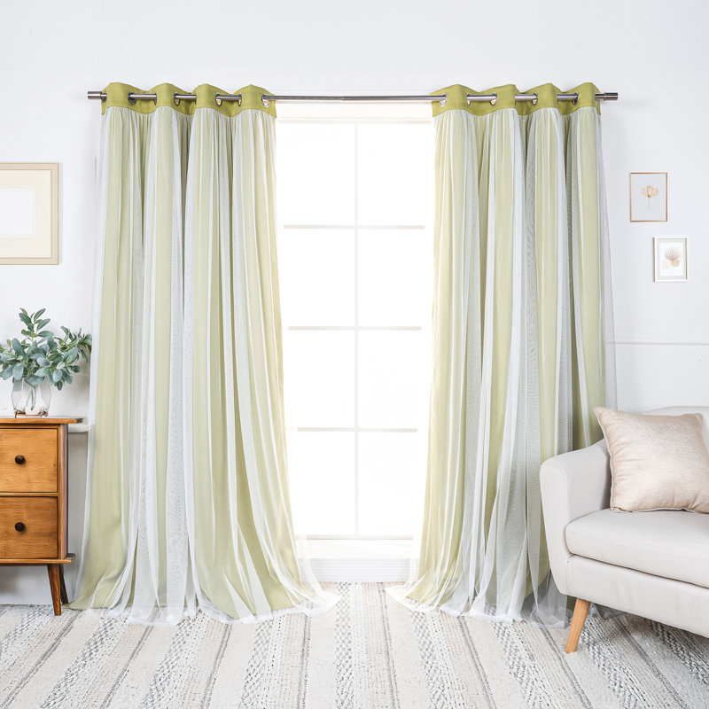Fortuna Brockham Solid Tulle Overlay Room Darkening Grommet Curtain Panels, Sage, 52" W x 108" L