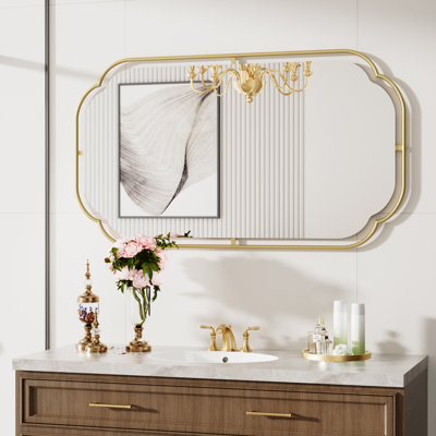 Modern Scalloped Corner Wall Mirror, 46 x 26 Anti-Rust Iron Frame & HD Glass Boho Rectangle Bathroom Mirror for Vanity, Bedroom, Over Sink, Entryway