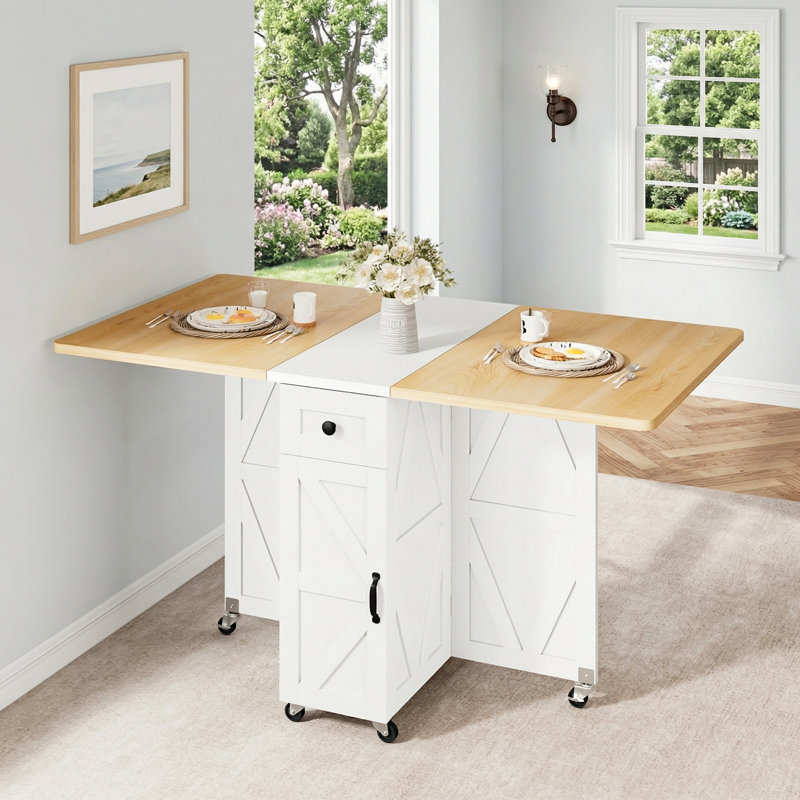 Folding Dining Table, Mobile Drop Leaf Table With 6 Wheels & Spacious Storage Drawers For Small Spaces, Kitchen & Dining Room