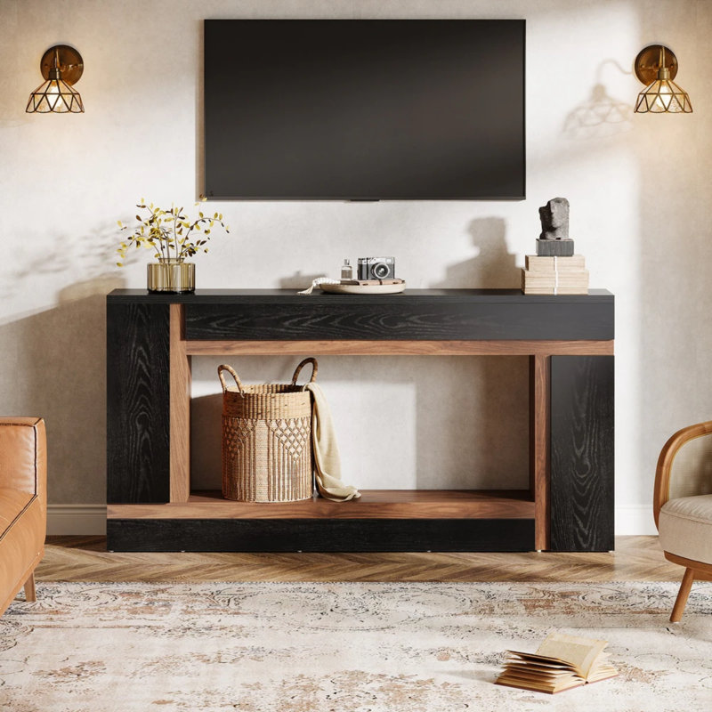 Console de 63 po de long couloir décoratif, canapé à 2 niveaux en panneau de particules avec accents noyer, mobilier d'entrée moderne et mince pour le salon et le vestibule