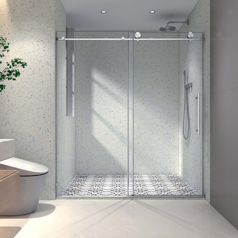 Une porte de douche fixe et une porte décalée sans cadre, grandes poulies en acier inoxydable avec fonction de fermeture en douceur réglable