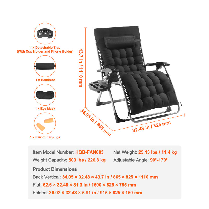 Fauteuil inclinable Zero Gravity, H 37 po x l 32 po x P 6 po, Noir