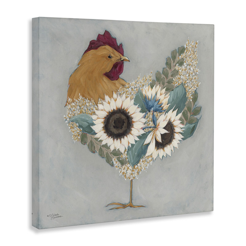 «Farm Rooster Layered Floral Blossoms» par Michele Norman - peinture sur toile tendue, H 17 po x l 17 po x P 1,5 po