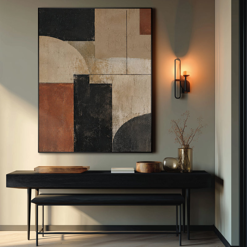 Très grande reproduction d'art sur tissu - Blocs géométriques modernes de couleur rouille noire et beige pour le salon ou la chambre à coucher - «Assemblage requis du cadre (cadre non fini)»