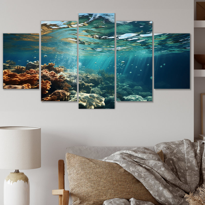 «Teal Brown Ocean Marine Majesty Under Water», impression d'art mural paysages - 5 panneaux