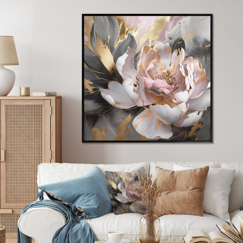Marbre rose doré, pivoine fleur IV - Abstrait marbré, impressions sur toile, Cadre photo noir, H 16 po x l 16 po