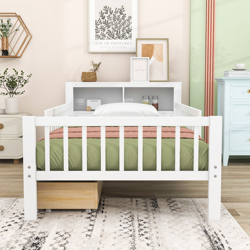 Lit simple avec tiroirs et tablettes de rangement, Blanc