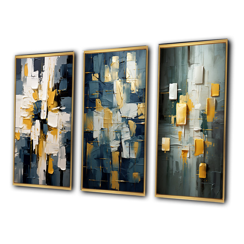 Yes To Everything Abstract Nova Blue - Abstract Painting Art Set Of 3 Pieces, H 20 po x l 36 po, Encadrement doré