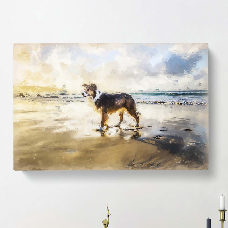 Border Collie Dog At The Beach In Abstract - Wrapped Canvas Painting, 60cm H x 91cm W