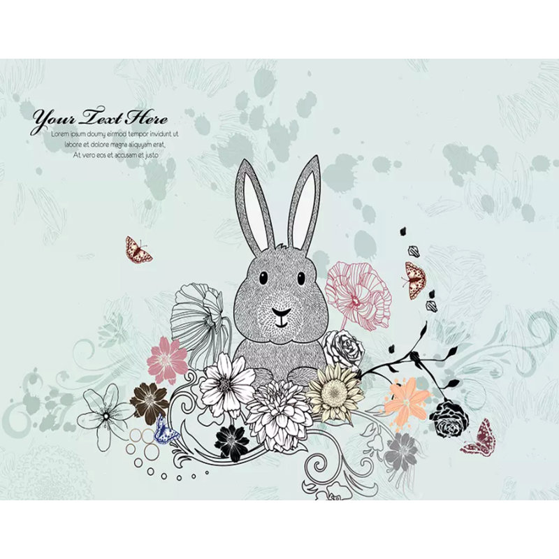 Murale de lapin dessinée floral Hollandale, L 75 po x l 112 po