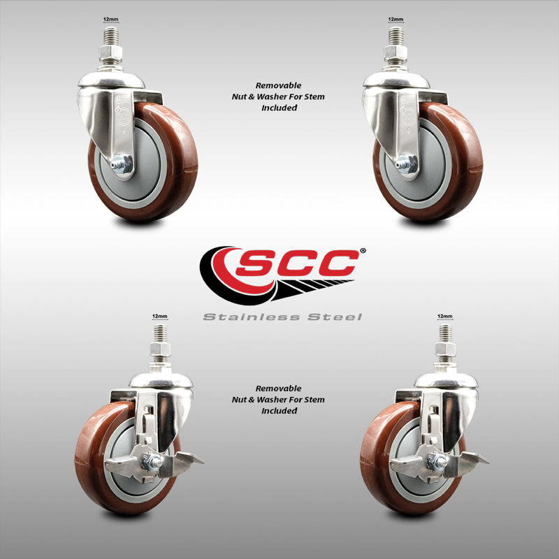 4 Inch 316SS Maroon Polyurethane 12mm Threaded Stem Caster Set 2 Brakes SCC