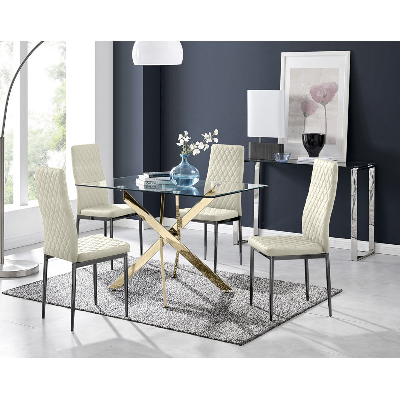 Lenworth Glass Rectangular Dining Table Set with 4 Quilted Velvet Dining Chairs, Grey, Gold