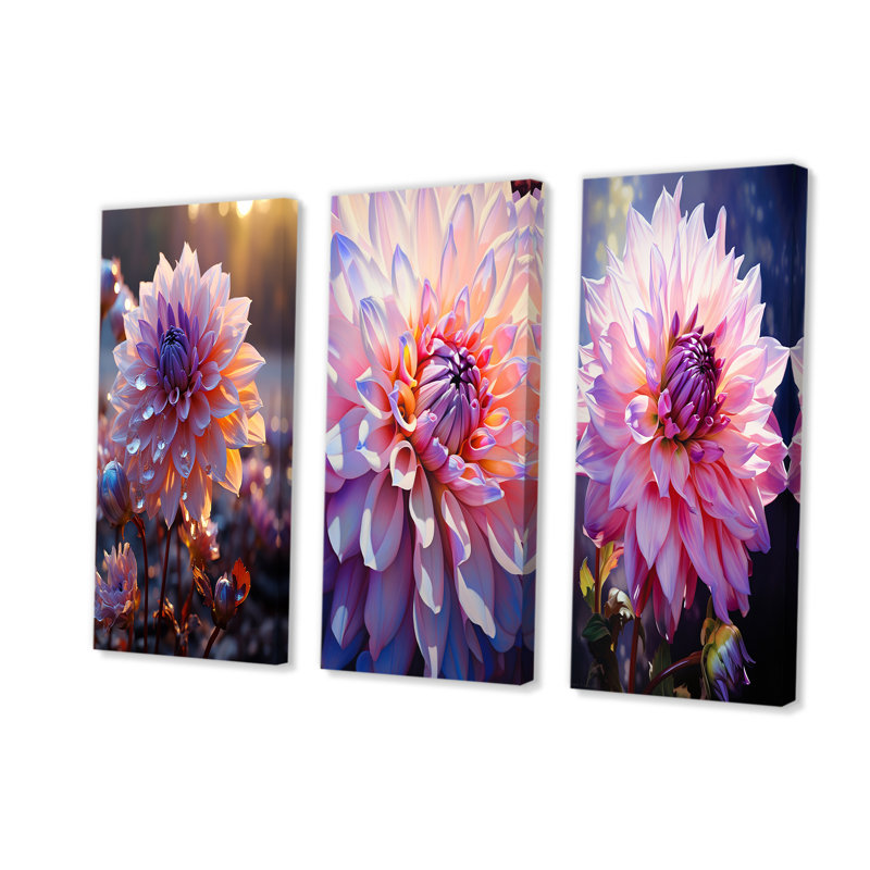 Violet Dahlia Bloom On Sunrise - Ensemble de 4 décorations murales Dahlia, H 40 po x l 60 po, Toile tendue