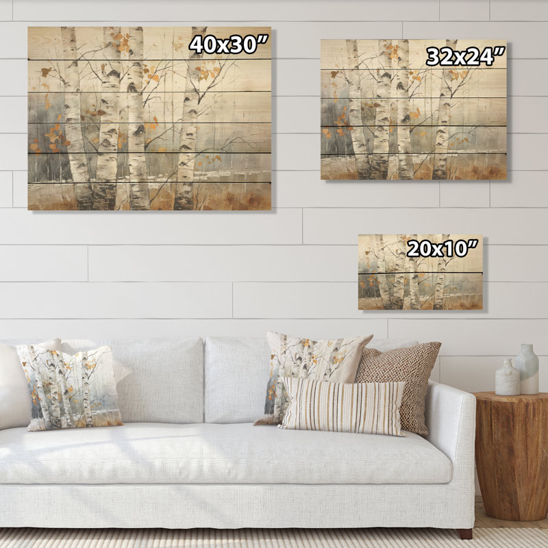 Beauté de bouleau beige et gris - reproduction d'art sur bois de pin naturel, H 24 po x l 32 po