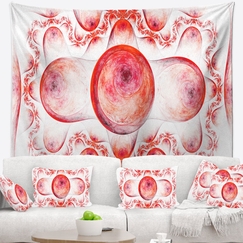 Motif exotique abstrait rouge sur tapisserie blanche, H 32 po x l 39 po