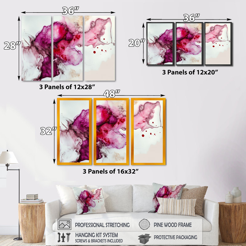 «Viva Magenta Secret Wispers VII», reproduction sur toile 3 pièces, Toile encadrée noire, H 28 po x l 36 po x P 1 po