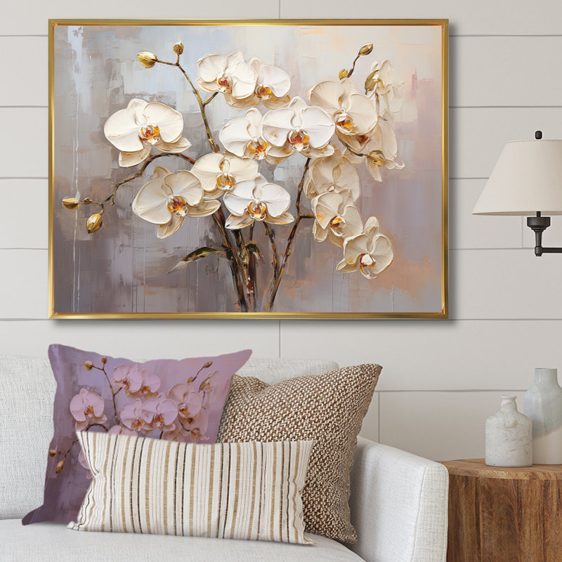 Minimalisme beige et orchidées dorées I sur toile, Cadre flottant doré, H 34 po x l 44 po x P 1,5 po