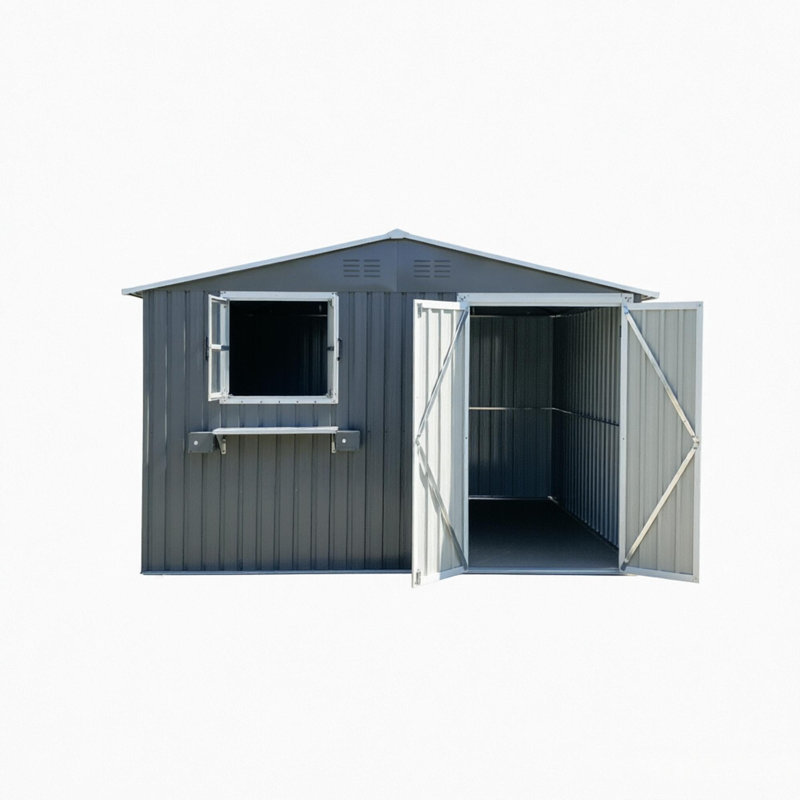 Remise de rangement en métal l 10 pi x P 8 pi avec fenêtre et support à fleurs (80 pi. Ca.), Gris