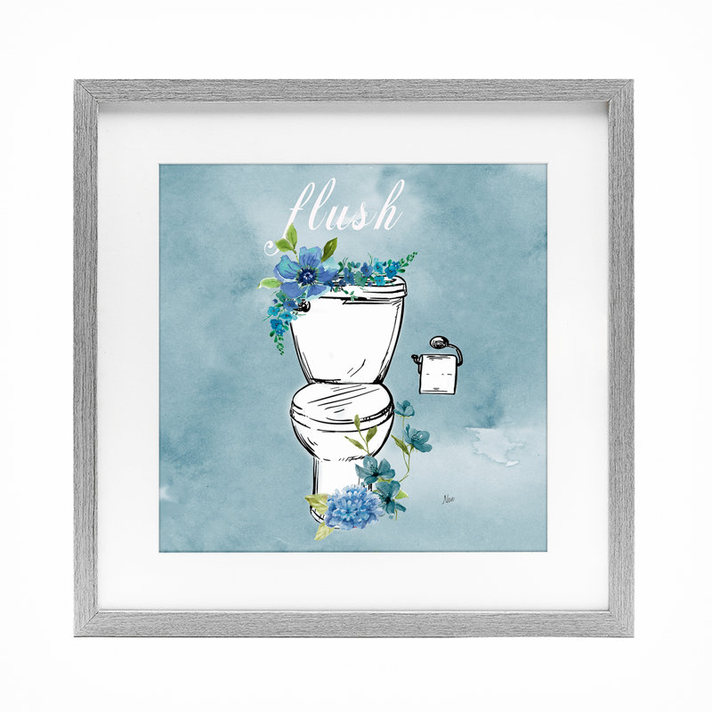 «Floral Bathroom Rules Flush», impression encadrée sous verre, design par Nan, Cadre de ferme gris sous verre Farmhouse