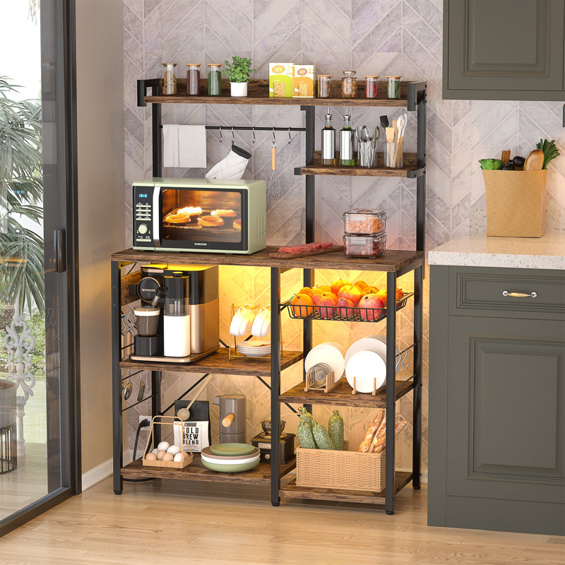 Baker's Rack with Power Outlets, Microwave Stand, Coffee Bar, 10 S-Hooks, Brown