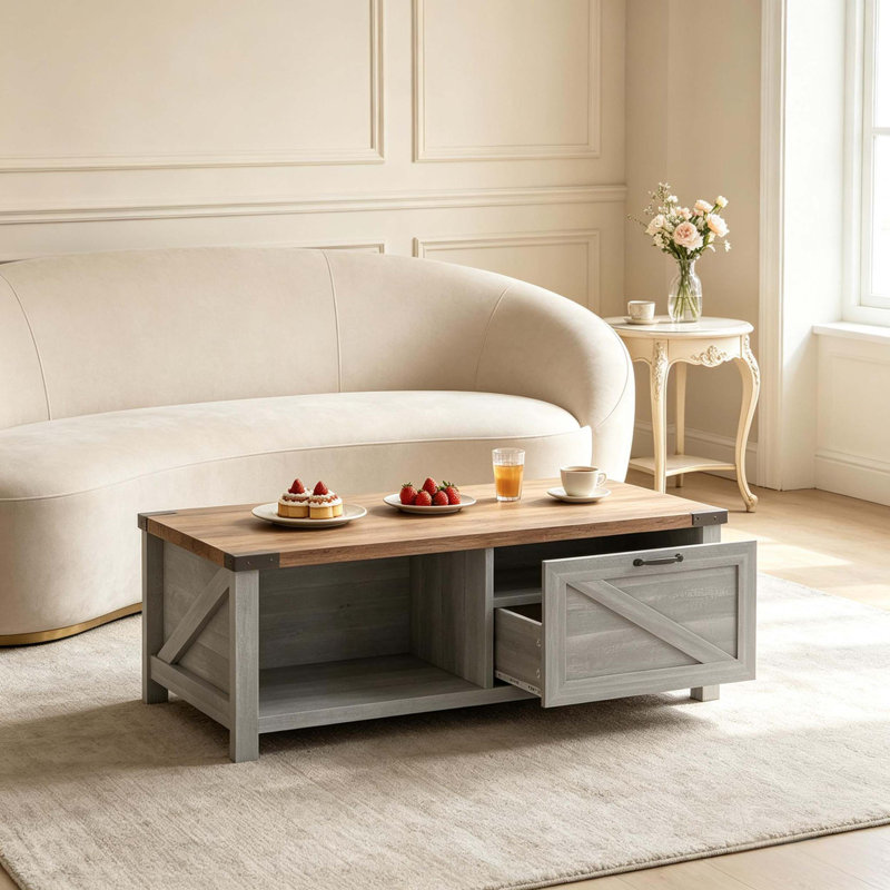 Table basse rustique avec tiroir et tablettes pour le rangement du salon