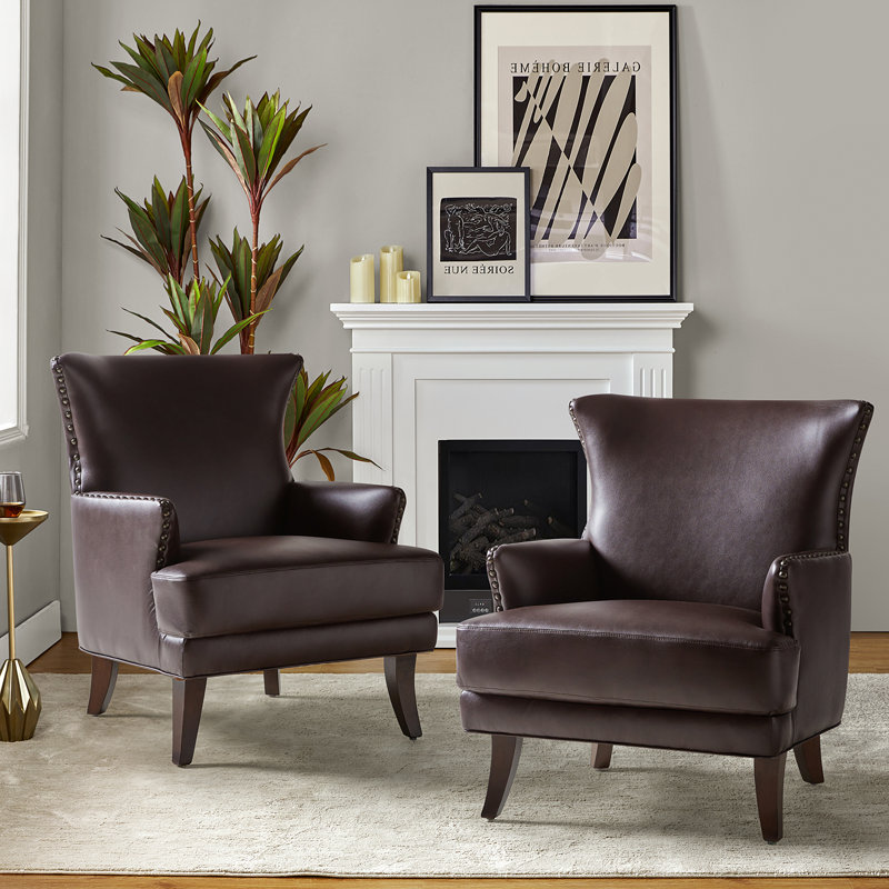 Awad Vegan Leather Wingback Armchair, Brown Faux Leather