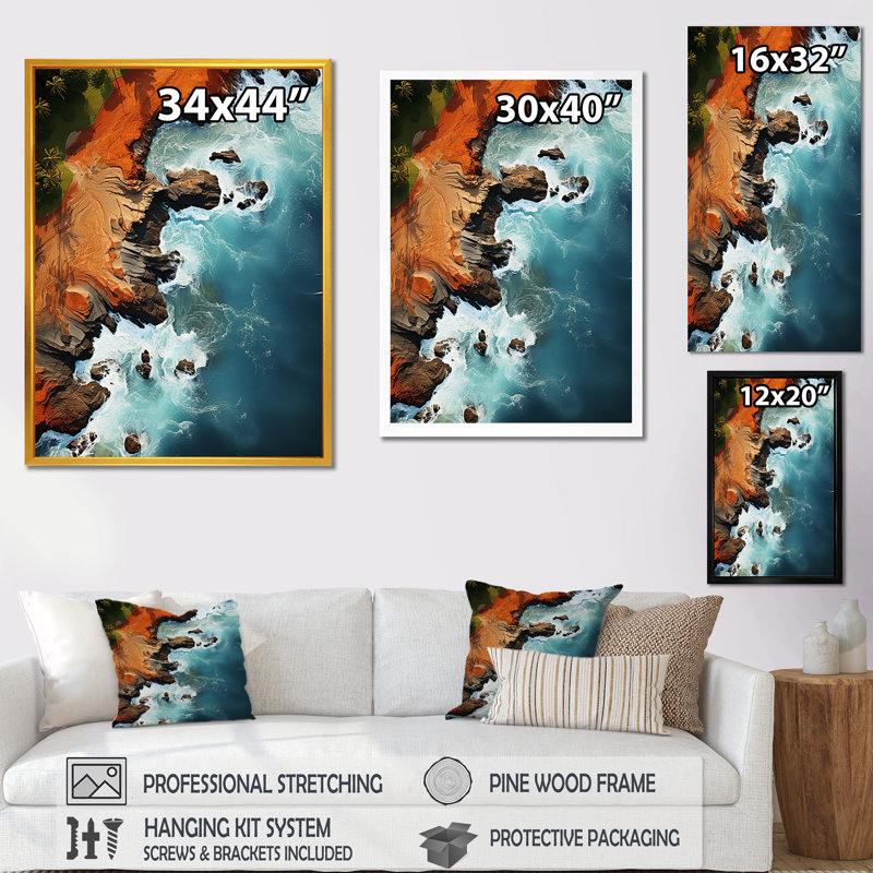 Vue aérienne de Rocky Beach I - plage, art mural, H 32 po x l 16 po x P 1 po, Cadre flottant noir