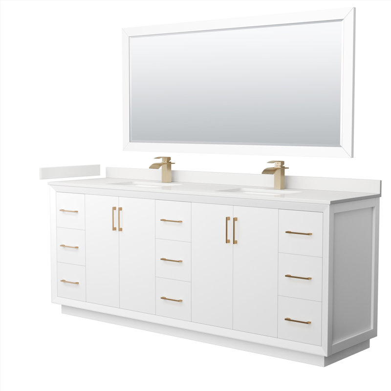 Meuble-lavabo double autoportant 84 po avec plateau en quartz Strada, Bronze satiné, Blanc, Quartz Giotto