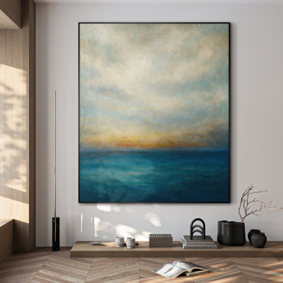Extra Large Wall Art Fabric Print - Calm Ocean View with Soft Cloudy Sky Artwork Decor for Living Room or Bedroom - "Frame Assembly Required (Unfinished Frame)"
