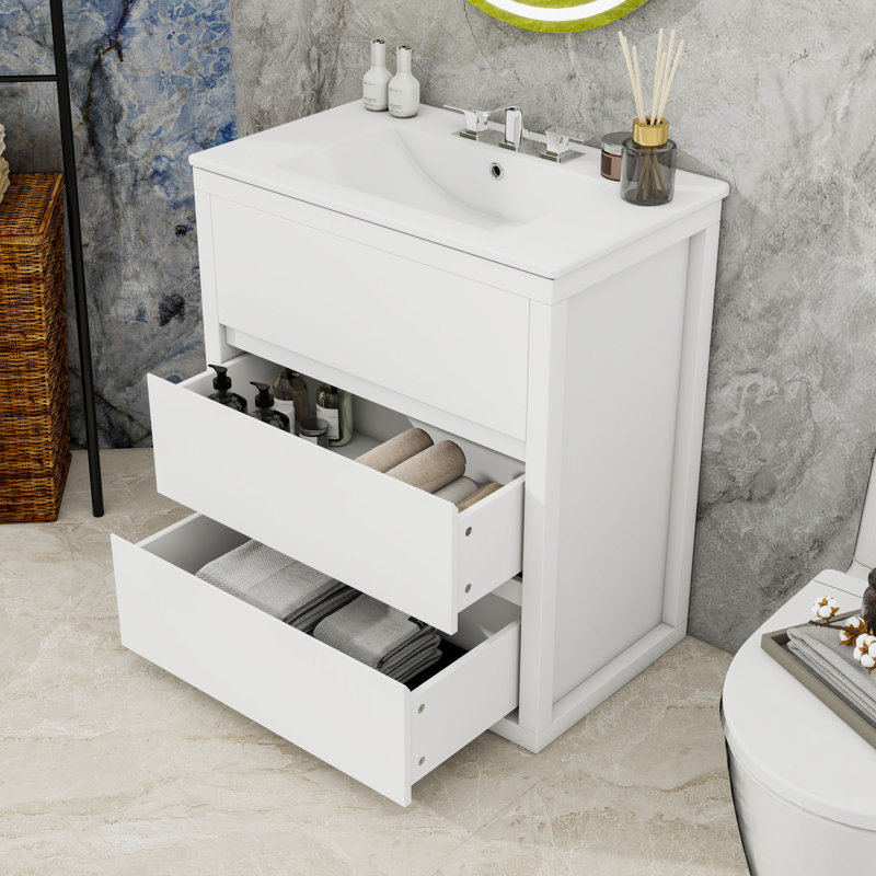 Meuble-lavabo autoportant moderne avec lavabo en céramique intégré et tiroirs à fermeture en douceur, Blanc