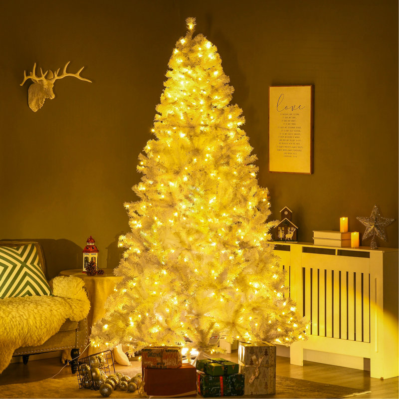 Décoration de Noël artificielle haute 7,5 pi avec 1518 branches, 500 lumières DEL blanc chaud, ouverture automatique, blanc