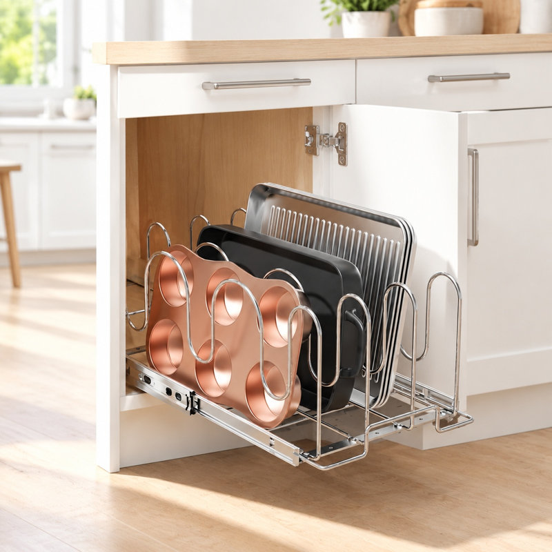 Organisateur de couvercles et de casseroles escamotables pour armoire, support en métal de 21 pouces, argent