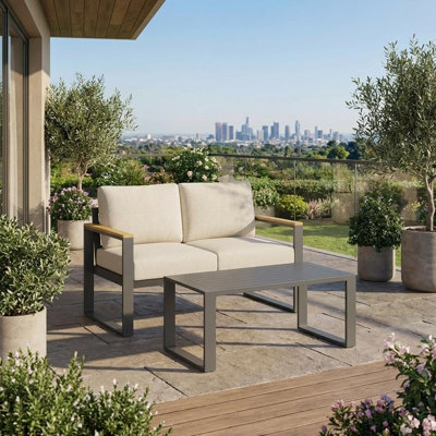 Mobilier de patio extérieur en aluminium - Causeuse et table basse 1 pièce, mobilier extérieur moderne en métal toutes saisons avec coussin épais lavable pour balcon, jardin, terrasse, cour