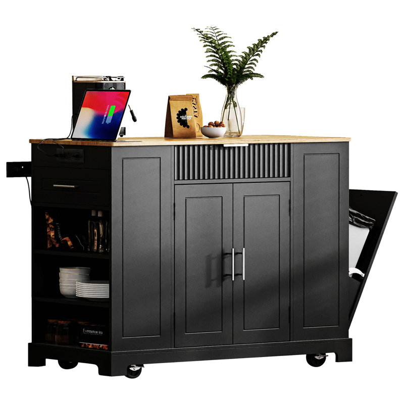 Fluted Kitchen Island with Trash Can Storage Cabinet, Power Outlet, Internal Storage Rack, Rolling Kitchen Islands on 5 Wheels with 3 Drawer, 3 Open Side Racks for 10 Gallon Garbage Bin