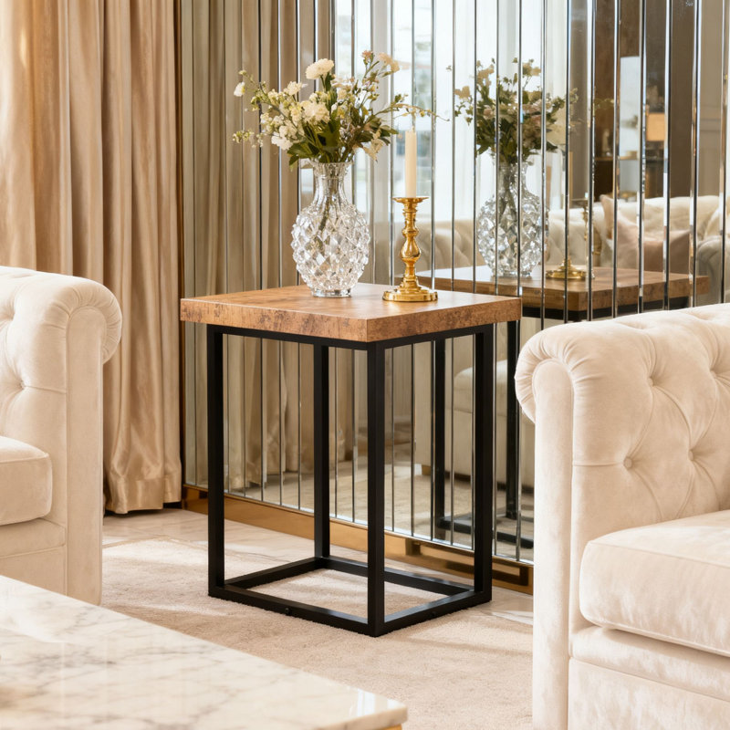 Industrial Side Table with Wooden Top & Metal Frame, Compact End Table for Living Room, Bedroom, Small Spaces, 1